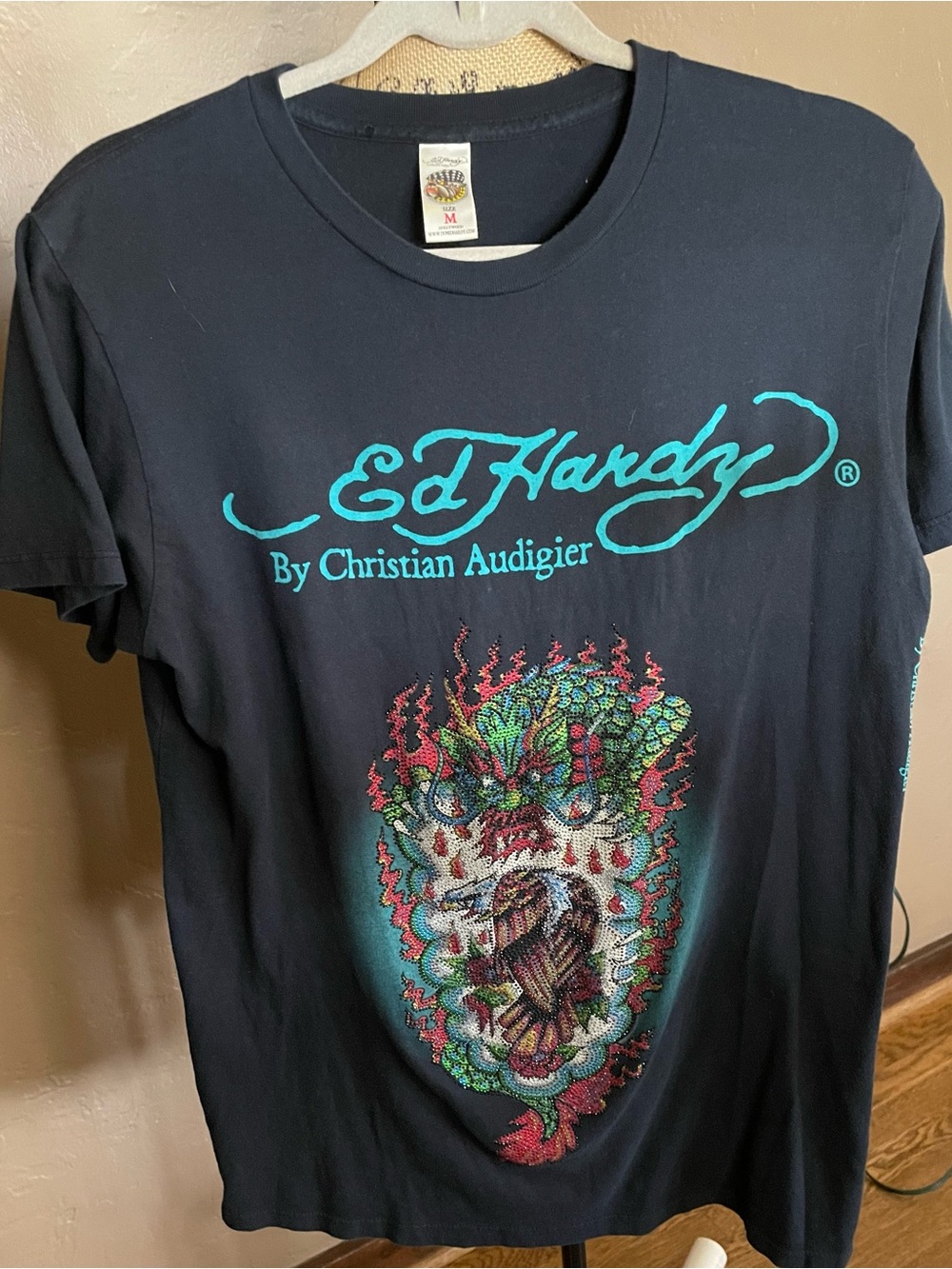 Ed Hardy Black Tee Y2K Turquoise Logo and Multicolor Dragon Rhinestone Graphic